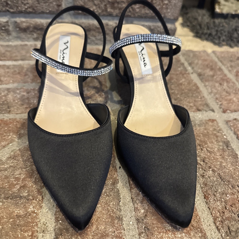 Nina Billie Rhinestone Pointed Toe Slingback Pumps Womens Black Size 7.5M‎ #266